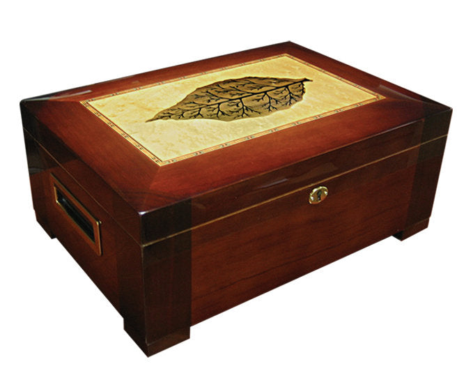 tobacco leaf humidor Glossy Dark Burl Wood Finish Tobacco Leaf Inlay Cigar Humidor