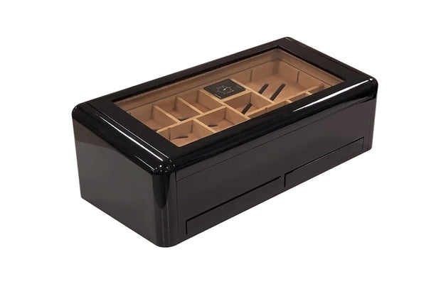Contemporary High Lacquer Jet Black Cigar Humidor Angled - Figaro 1943
