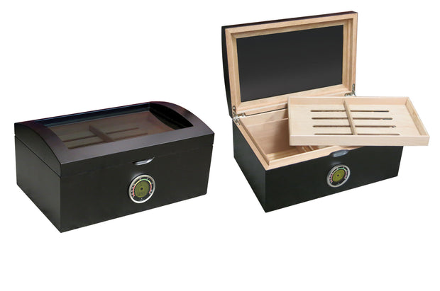 Dome Style Top with Tinted Glass Smooth Matte Black Finish Cigar Humidor - Figaro 1943